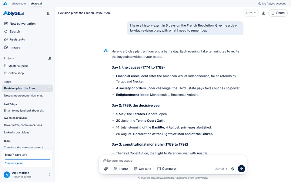 The Ablyos AI app: a conversation, the model picked by Auto mode and its reason under the answer.